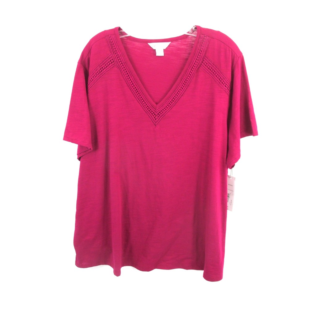 Liz Claiborne Women 3X Madrid Rose Magenta V-Neck Crochet Knit Top NWT